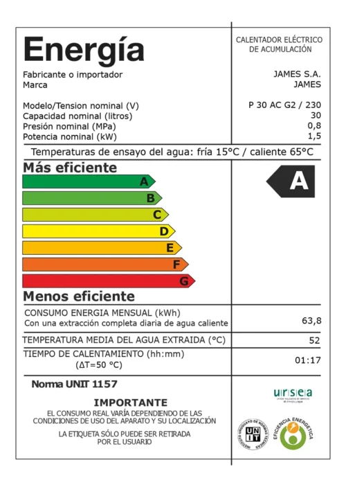CALEFÓN JAMES 30LTS ACERO CILÍNDRICO CAT A - Imagen 2